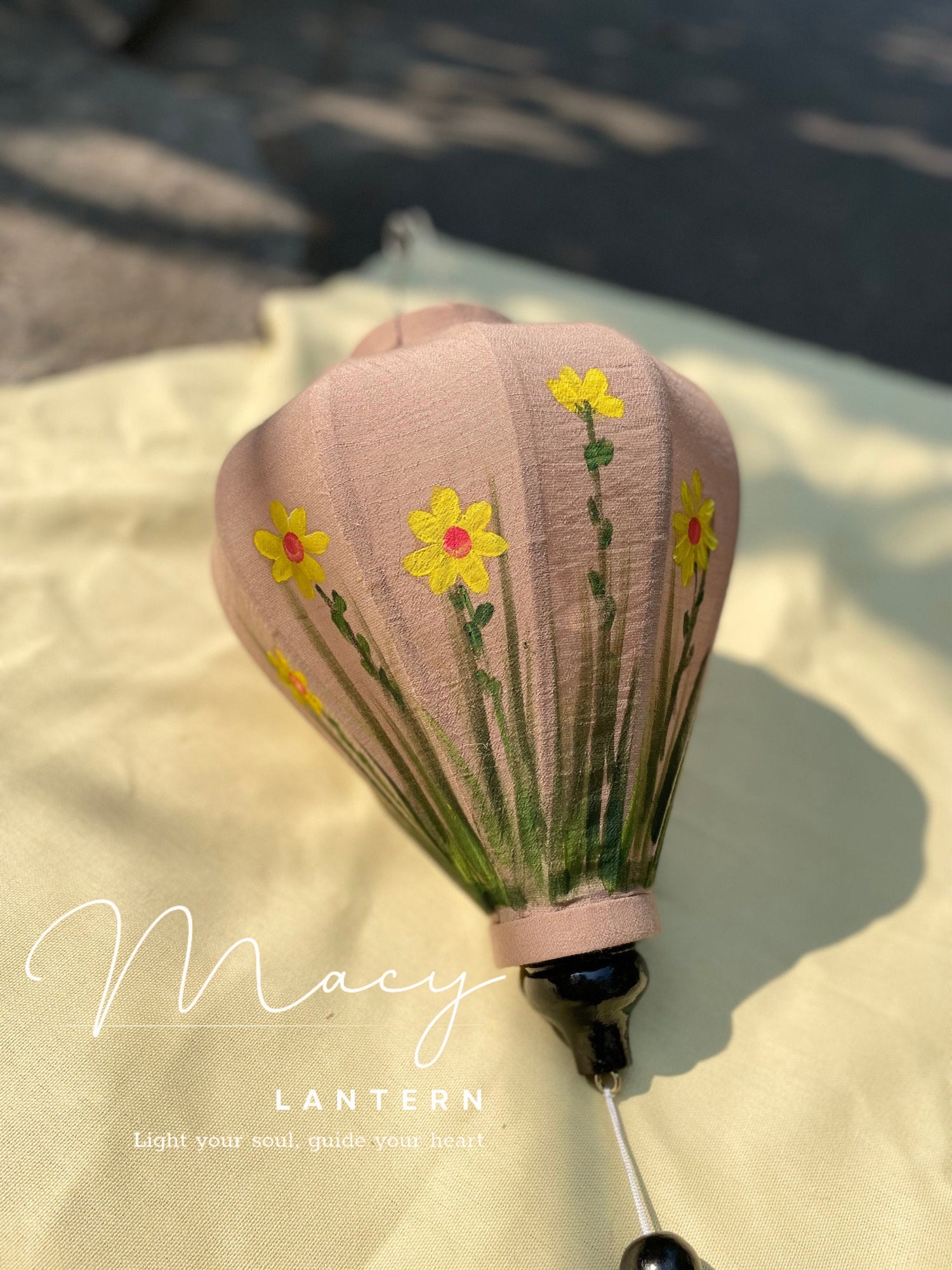 Hoi An Bamboo Lantern 35cm Hand Painting With Yellow Floral Patterns