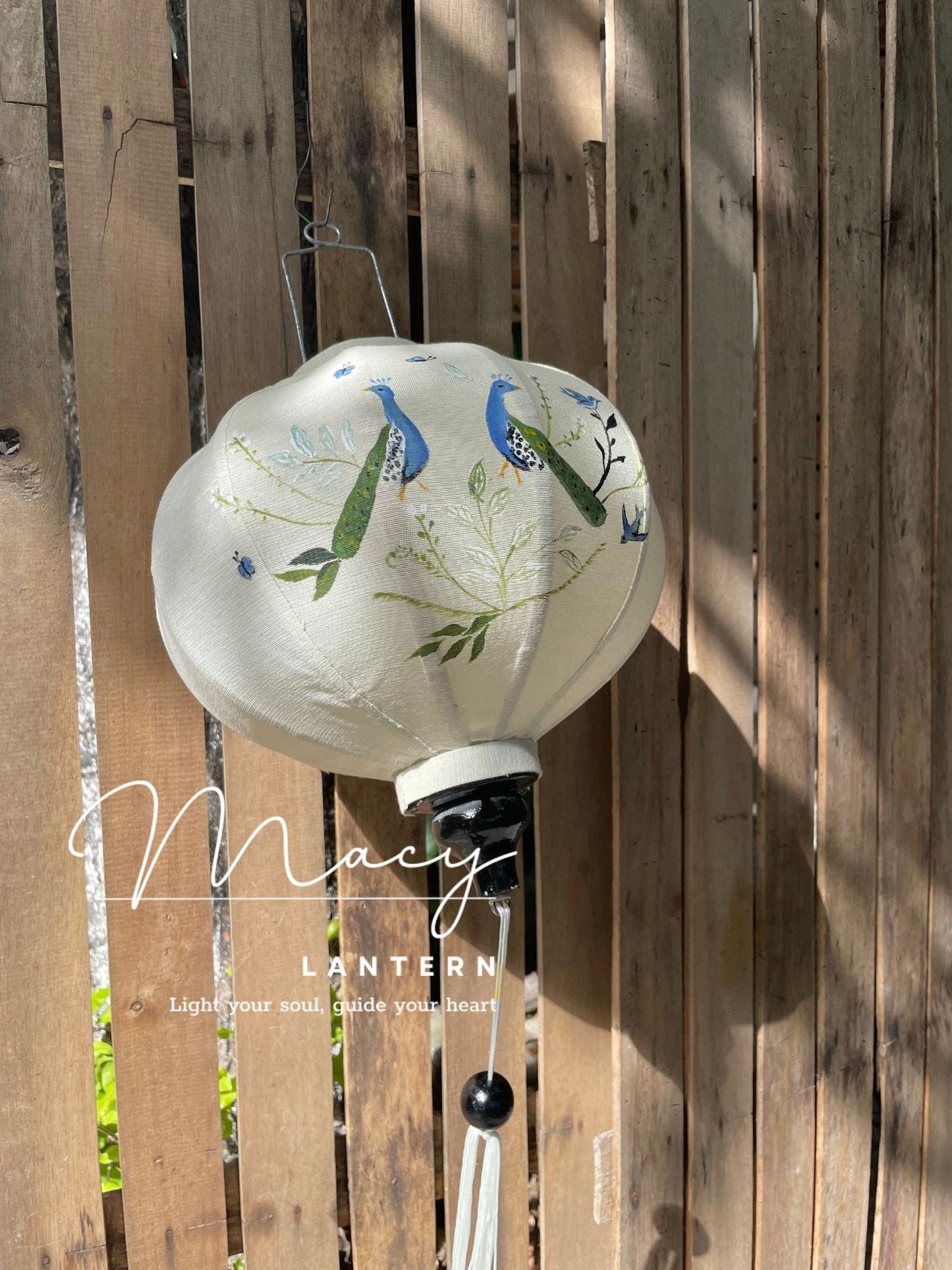 Hoi An Bamboo Lantern 47cm Hand Painting With Peacock Pattern