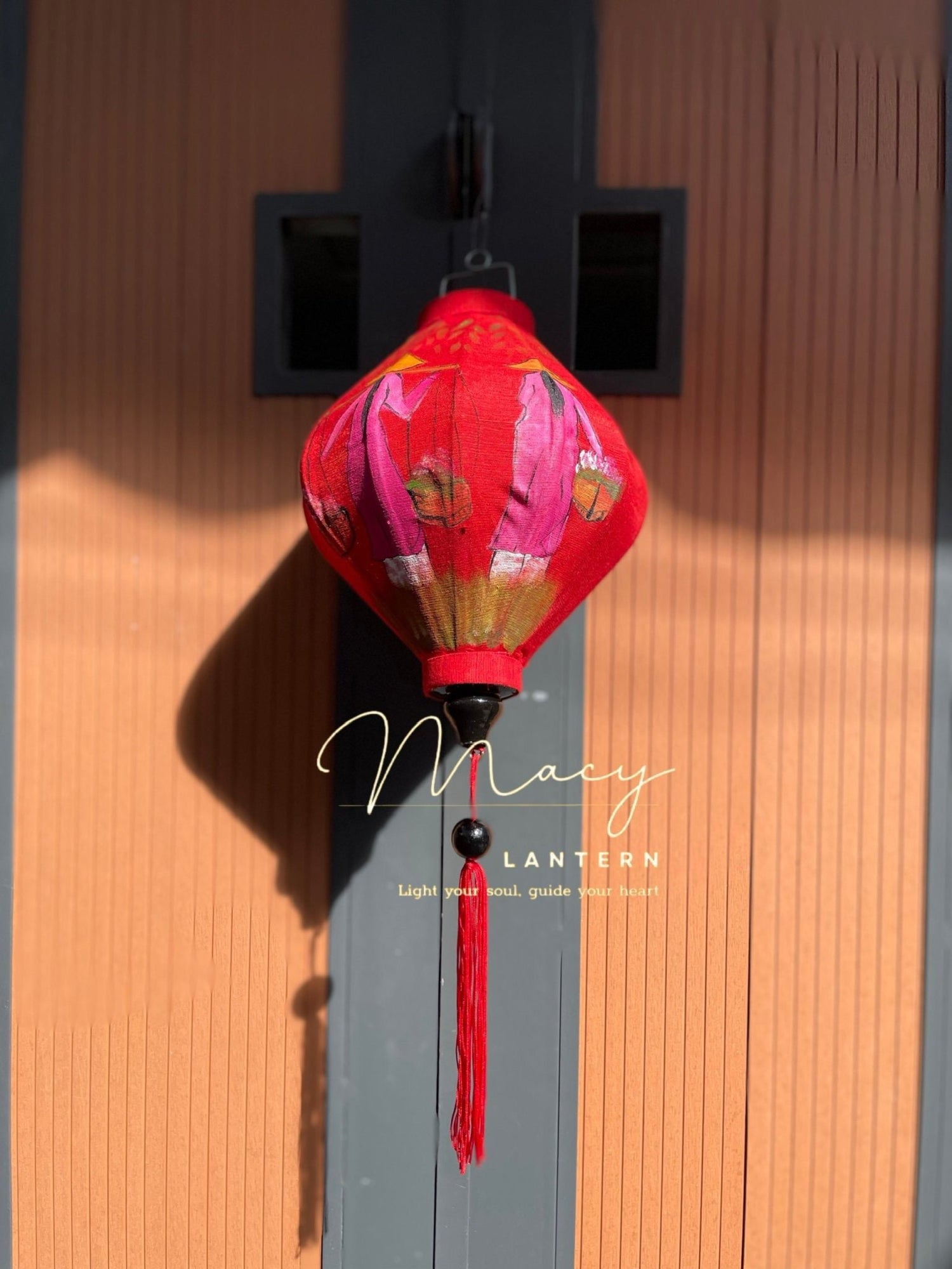 Hoi An Bamboo Lantern 35cm Hand Painting With Ao Dai And Girl With Flowers