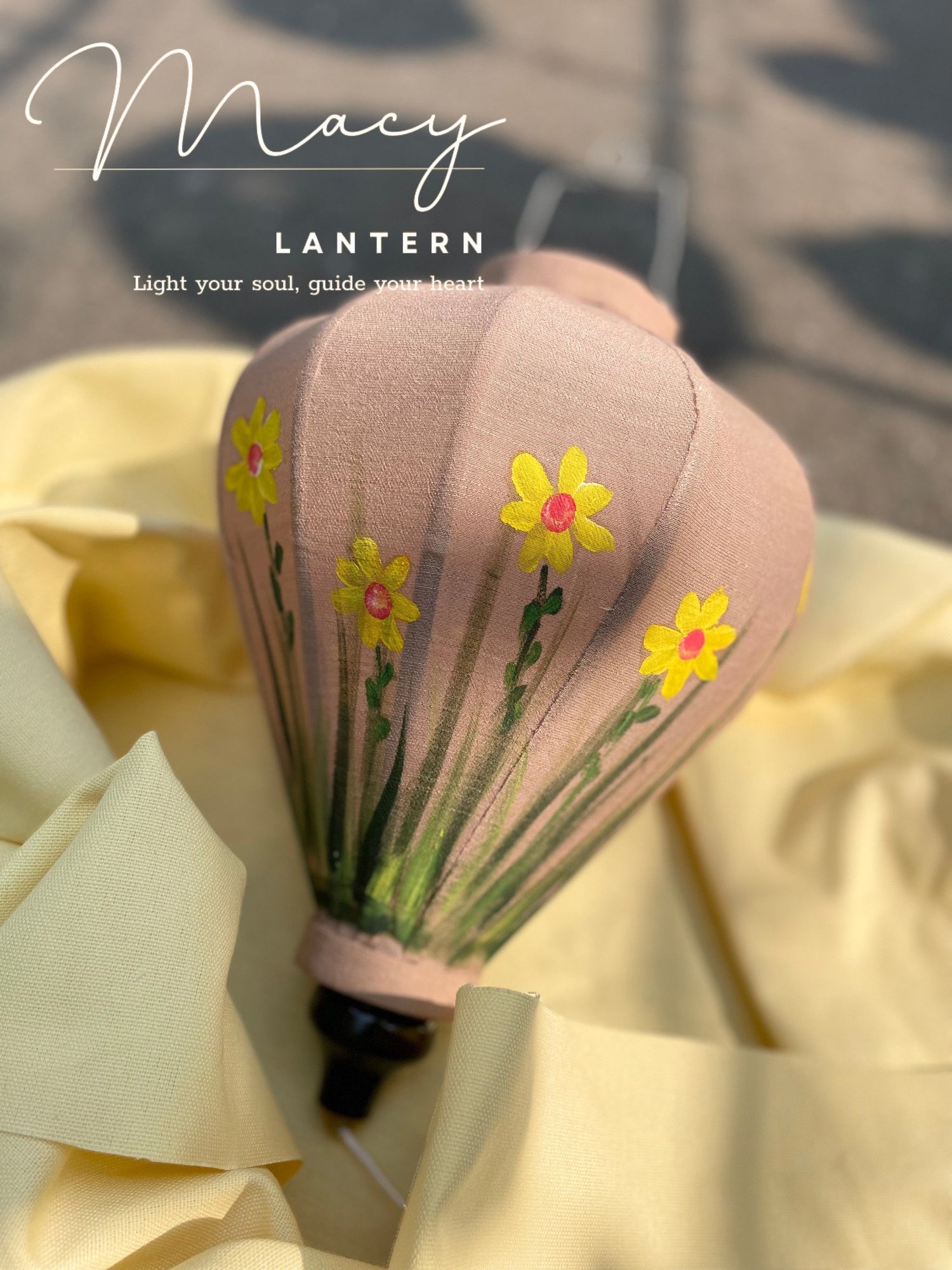 Hoi An Bamboo Lantern 35cm Hand Painting With Yellow Floral Patterns