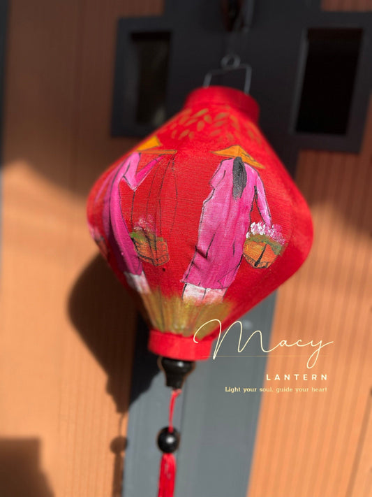 Hoi An Bamboo Lantern 35cm Hand Painting With Ao Dai And Girl With Flowers
