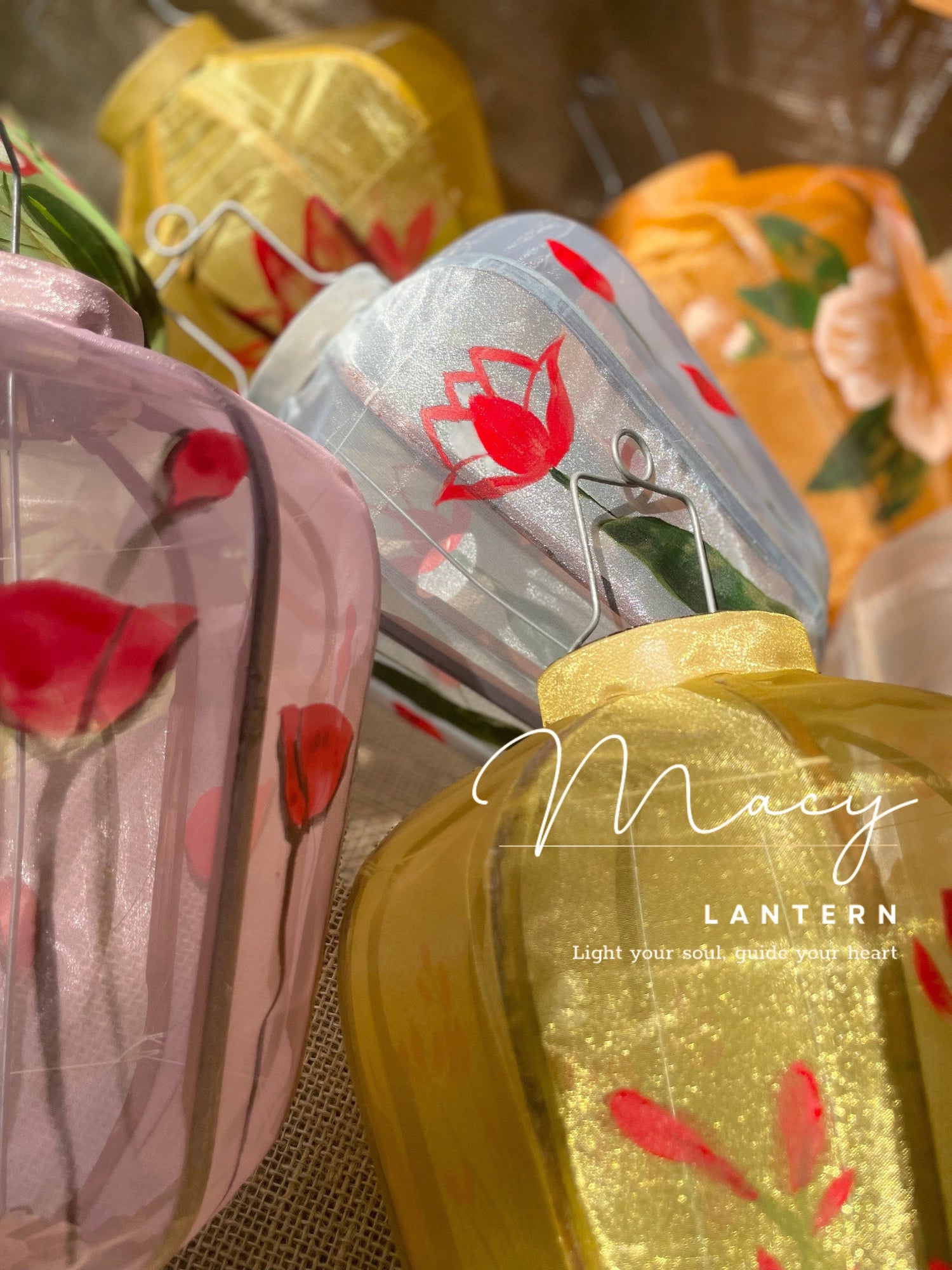 8pcs Hoi An Gauze Bamboo Lantern 35cm Hand Painting With Floral Patterns