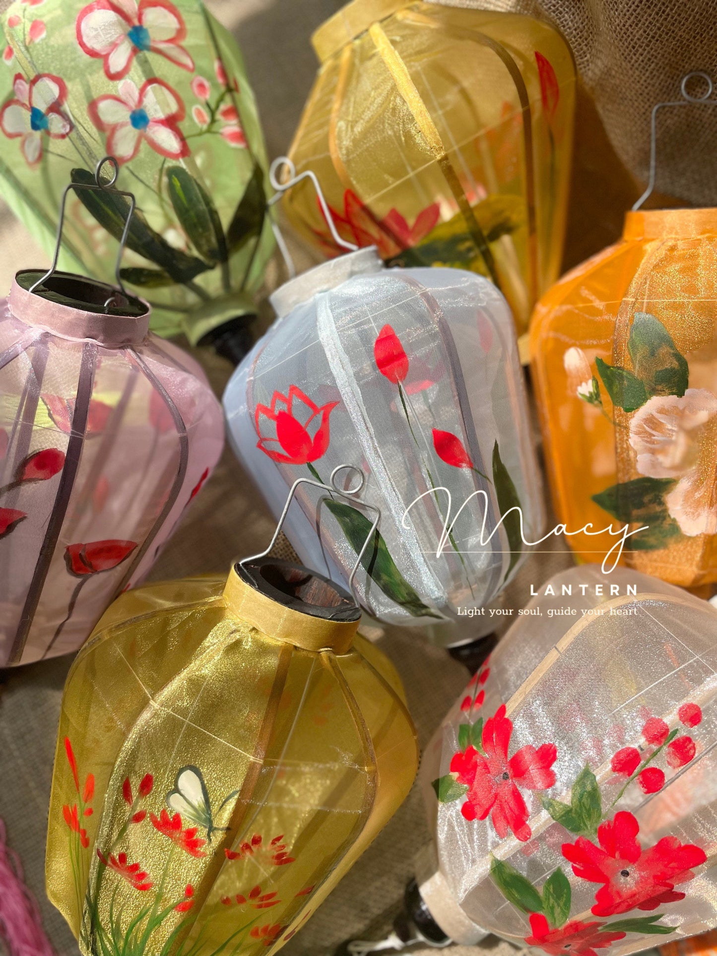 8pcs Hoi An Gauze Bamboo Lantern 35cm Hand Painting With Floral Patterns