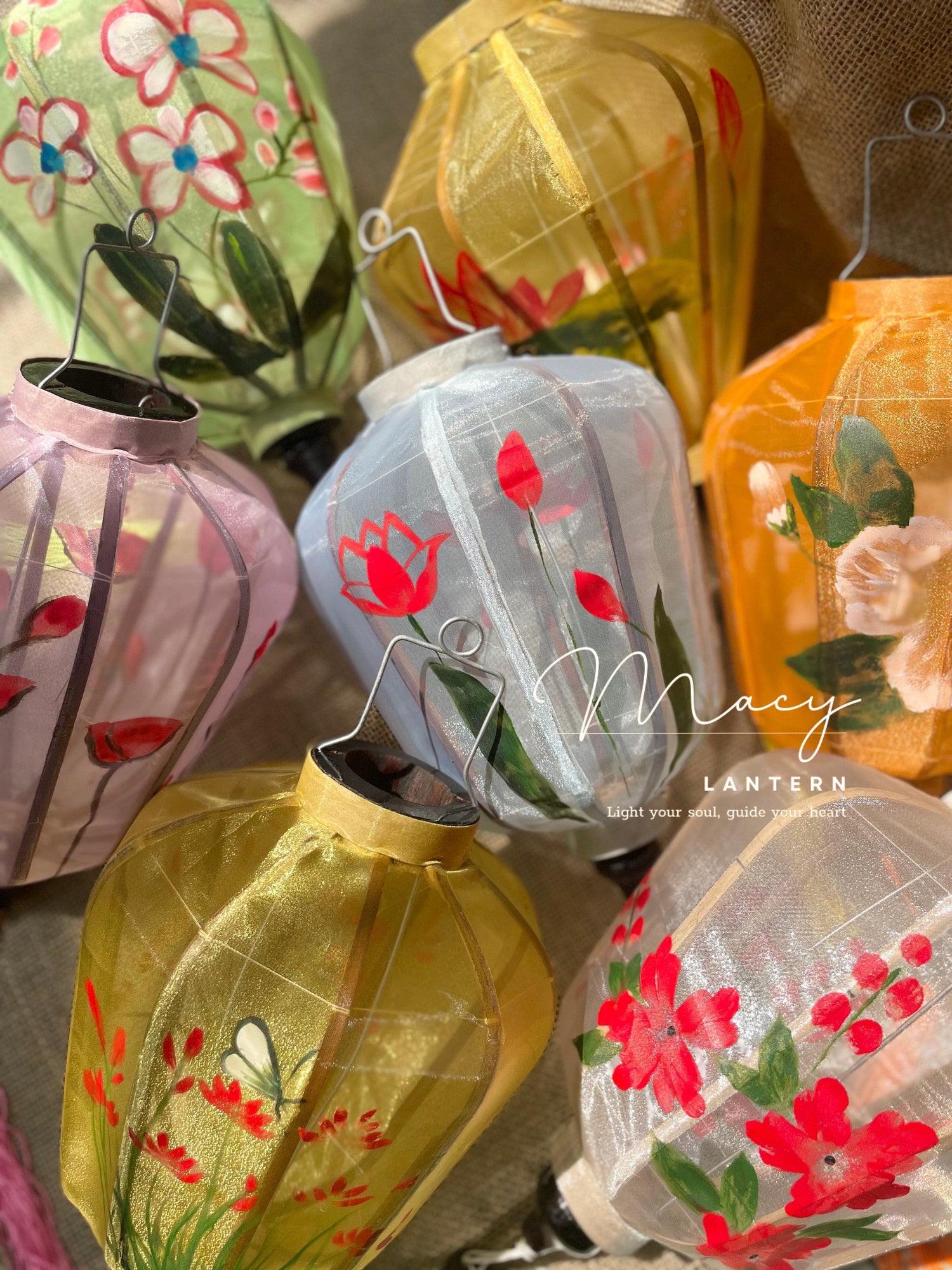 8pcs Hoi An Gauze Bamboo Lantern 35cm Hand Painting With Floral Patterns