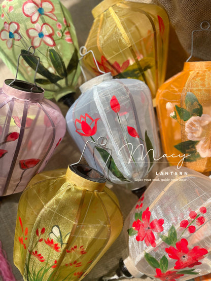 8pcs Hoi An Gauze Bamboo Lantern 35cm Hand Painting With Floral Patterns
