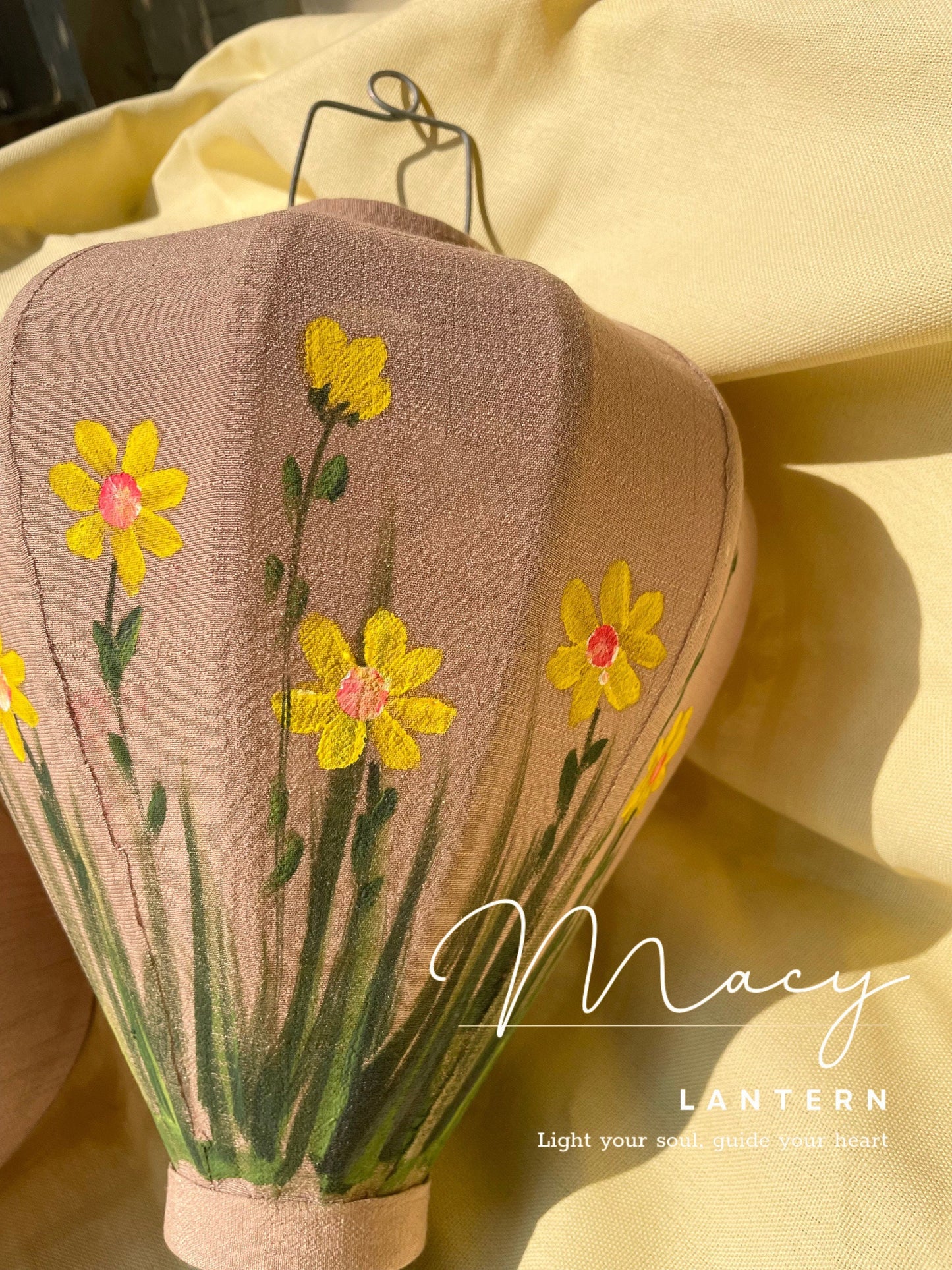 Hoi An Bamboo Lantern 35cm Hand Painting With Yellow Floral Patterns