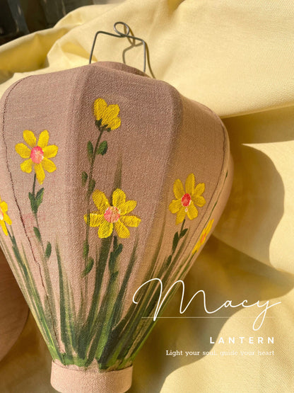 Hoi An Bamboo Lantern 35cm Hand Painting With Yellow Floral Patterns