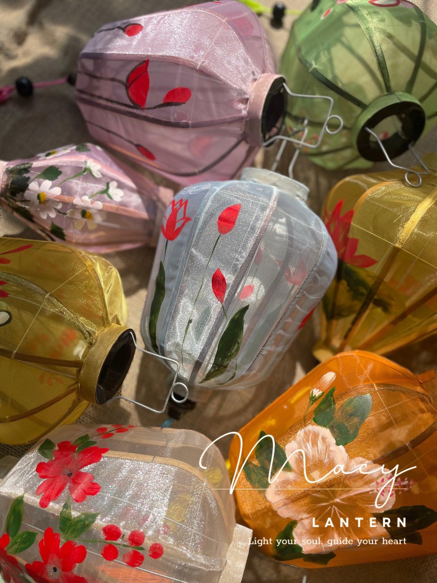 8pcs Hoi An Gauze Bamboo Lantern 35cm Hand Painting With Floral Patterns