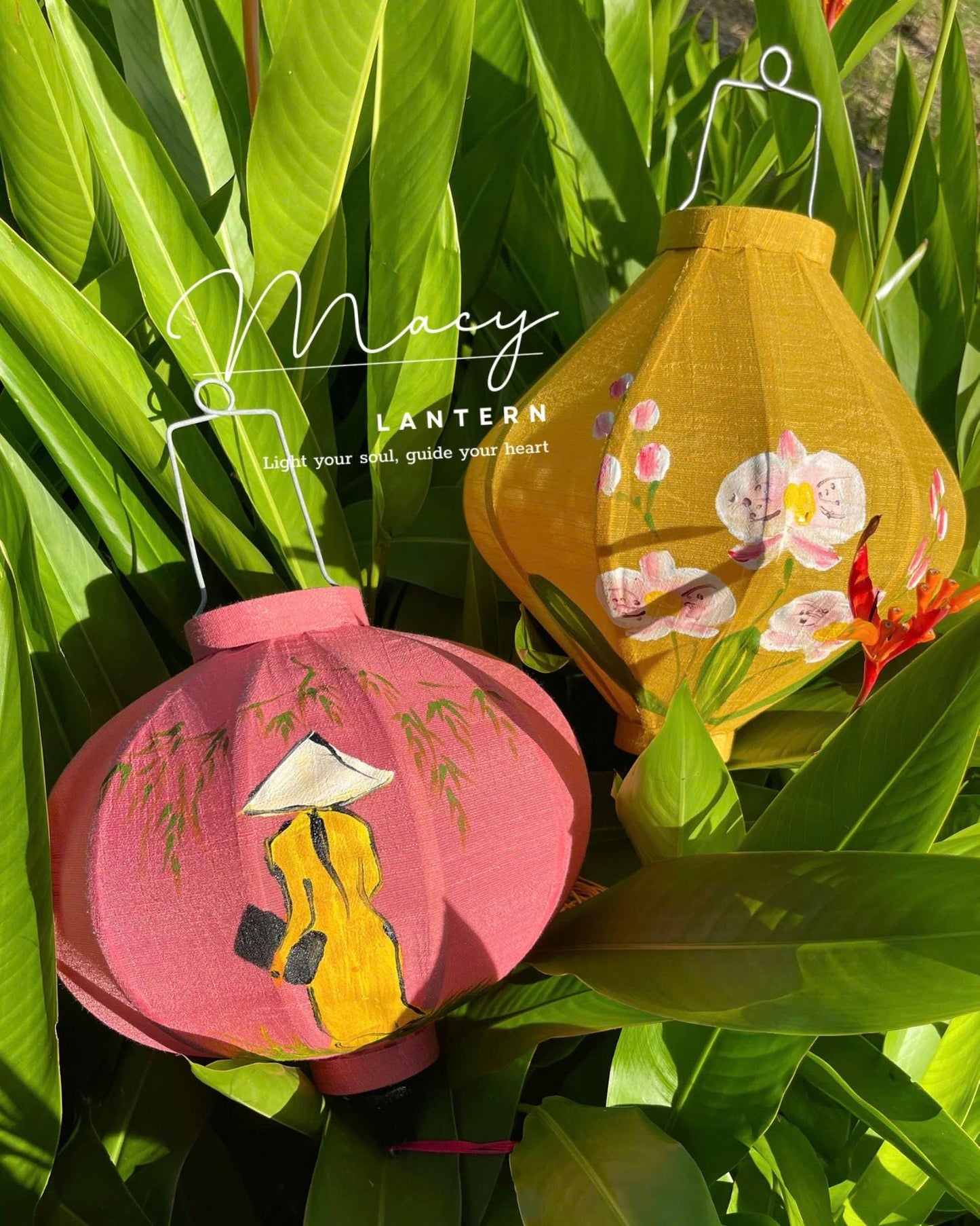 2pcs Hoi An Bamboo Lantern 35cm Hand Painting With Floral Patterns