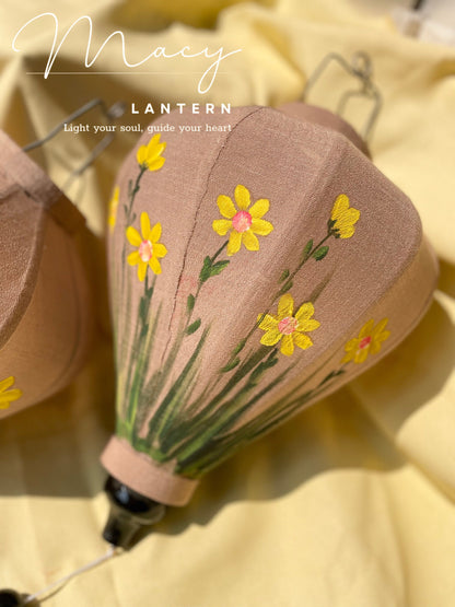 Hoi An Bamboo Lantern 35cm Hand Painting With Yellow Floral Patterns