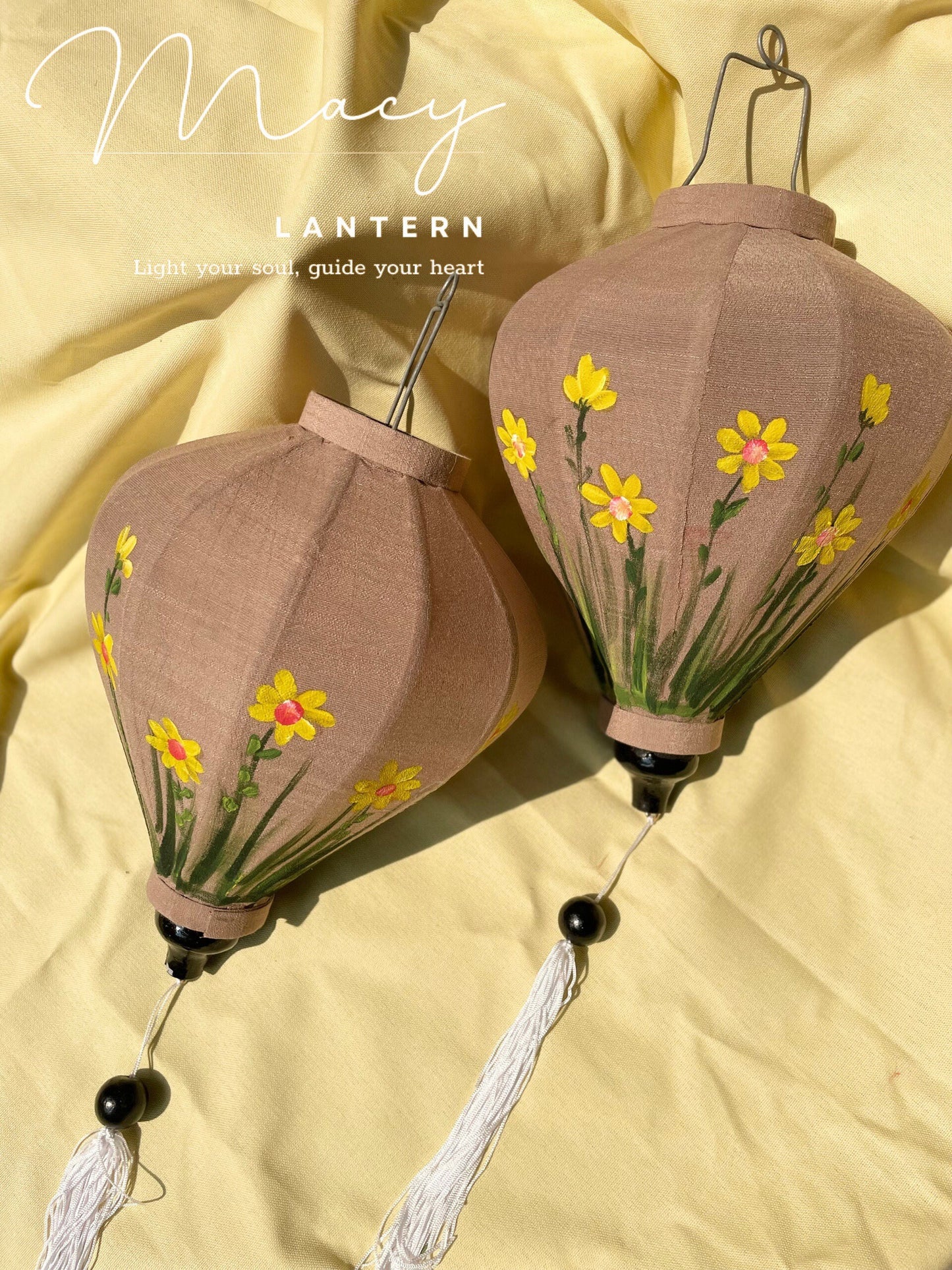 Hoi An Bamboo Lantern 35cm Hand Painting With Yellow Floral Patterns