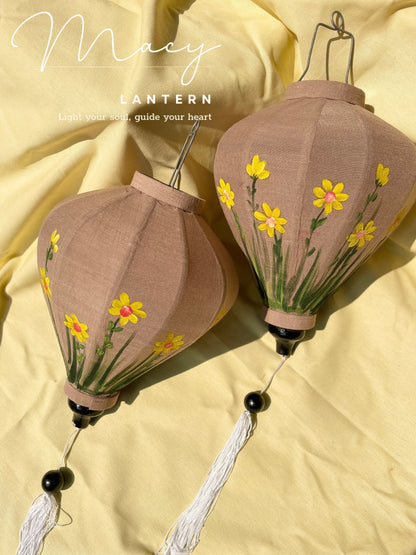 Hoi An Bamboo Lantern 35cm Hand Painting With Yellow Floral Patterns